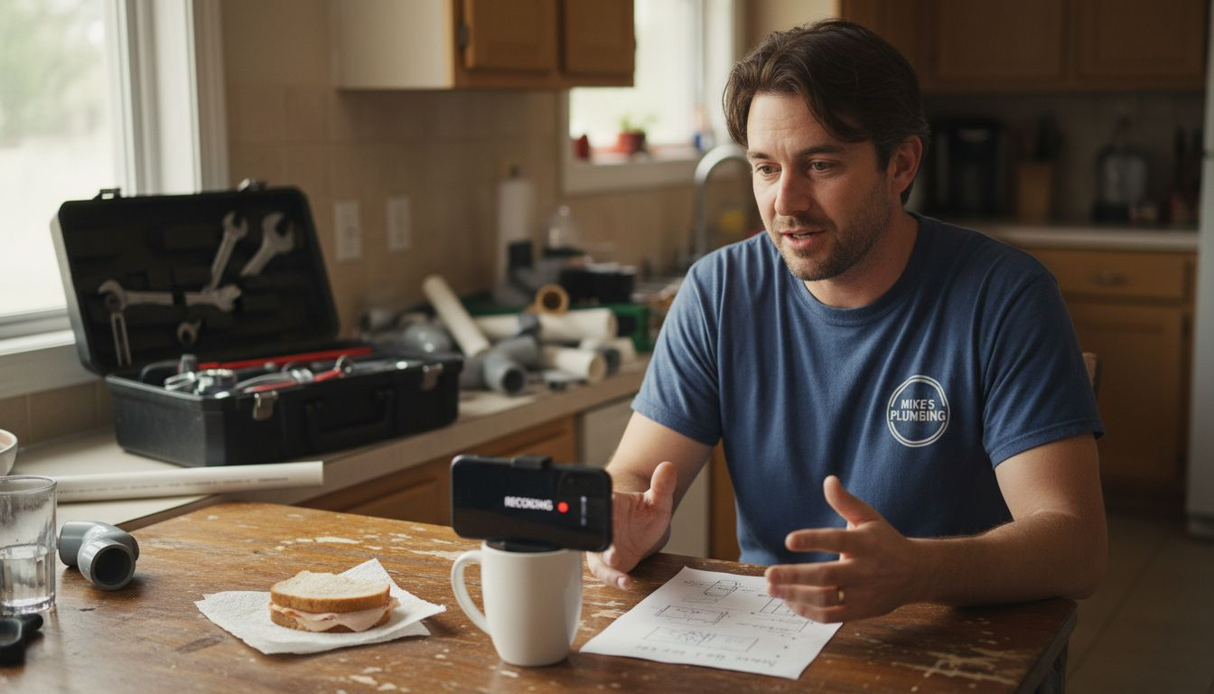 Plumber filming social media video at home