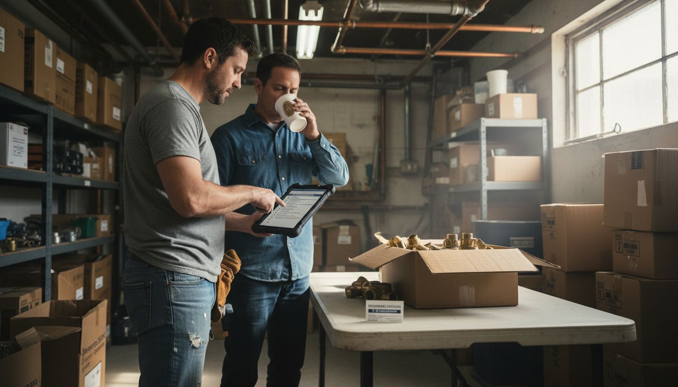 Plumbers reviewing checklist in supply room