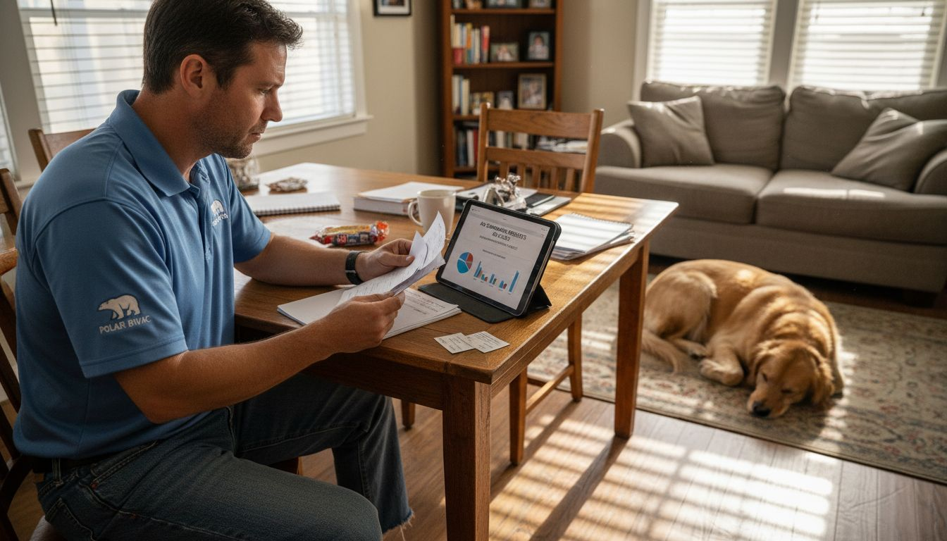 HVAC technician comparing invoices and online marketing