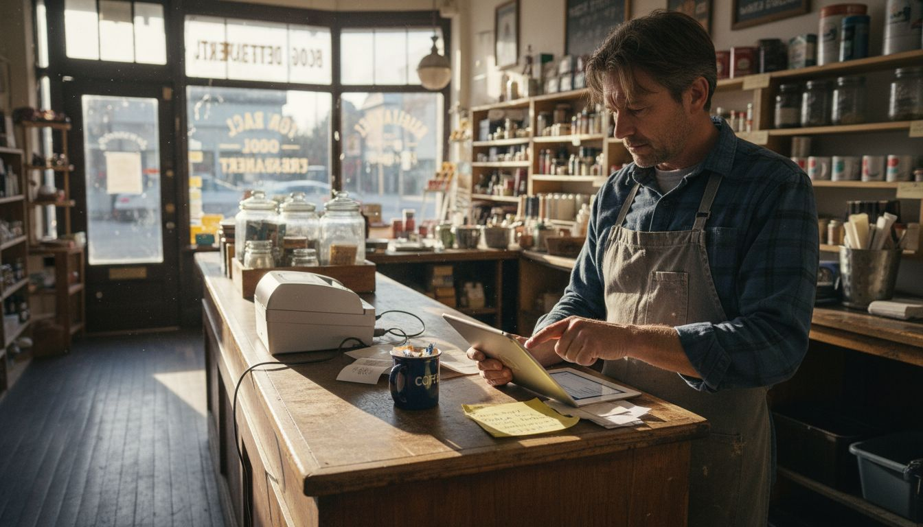 Shopkeeper updating business profile SEO