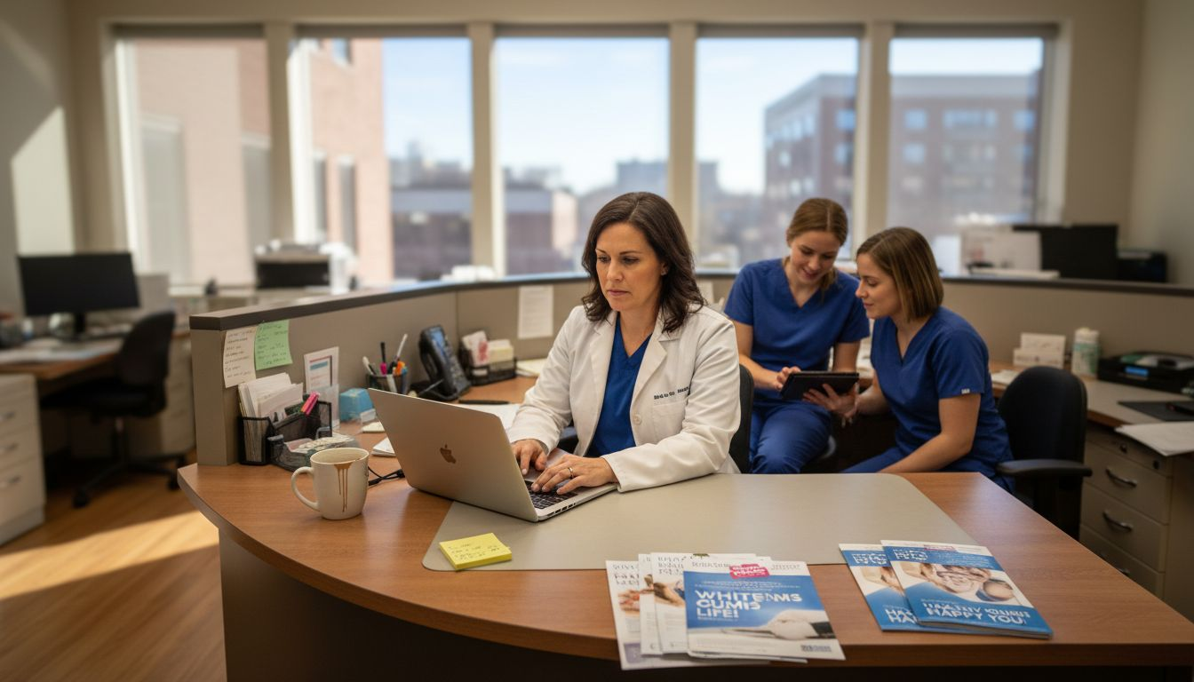 Dental staff reviewing practice social media