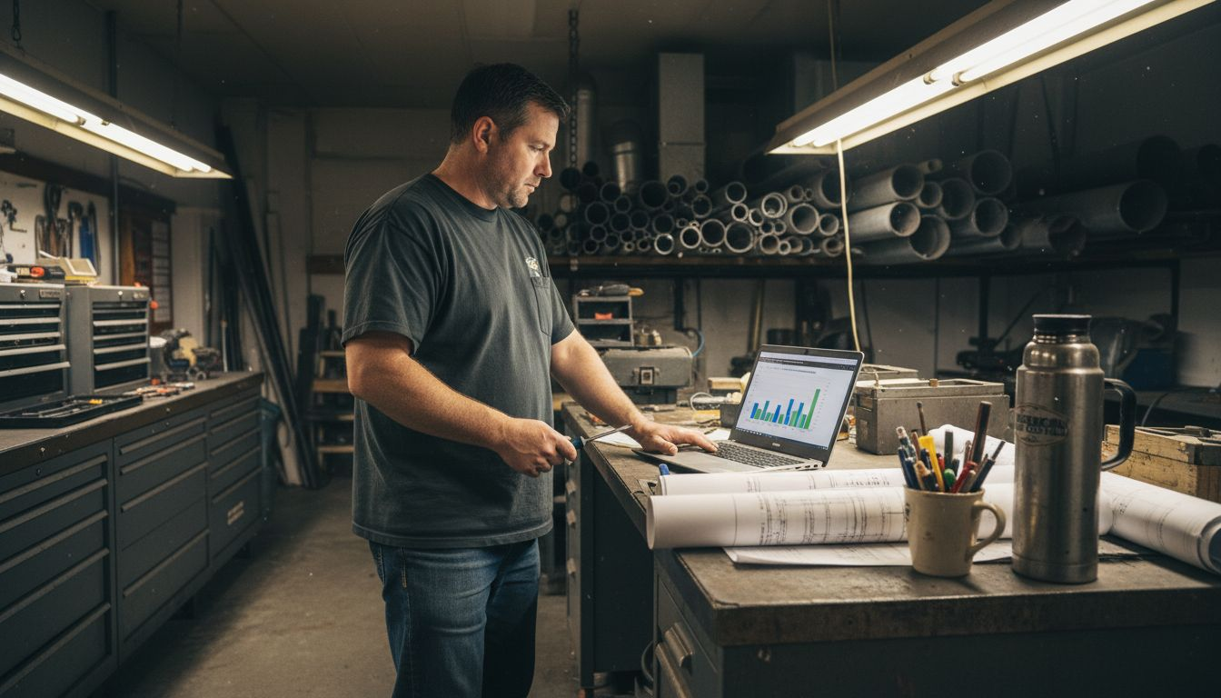 HVAC technician checks digital marketing stats