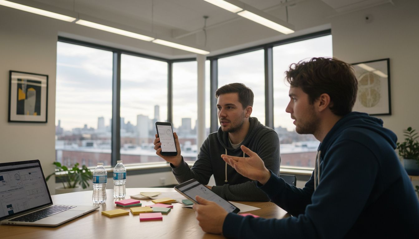 Team reviewing responsive website on devices