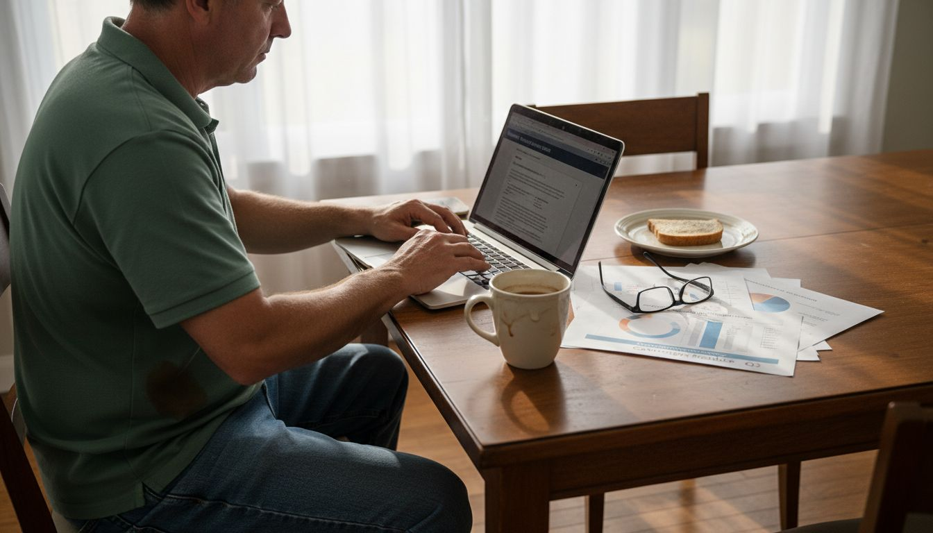 Man creating email newsletter at cluttered table