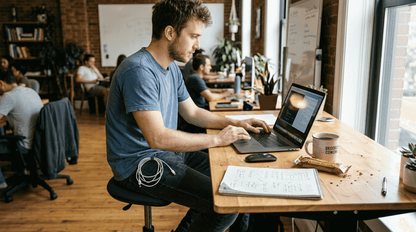 Man optimizing landing page at standing desk