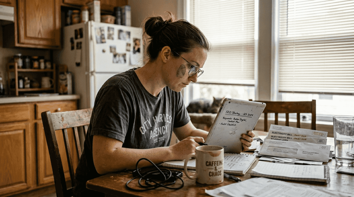 Small business owner prepares SEO plan at home