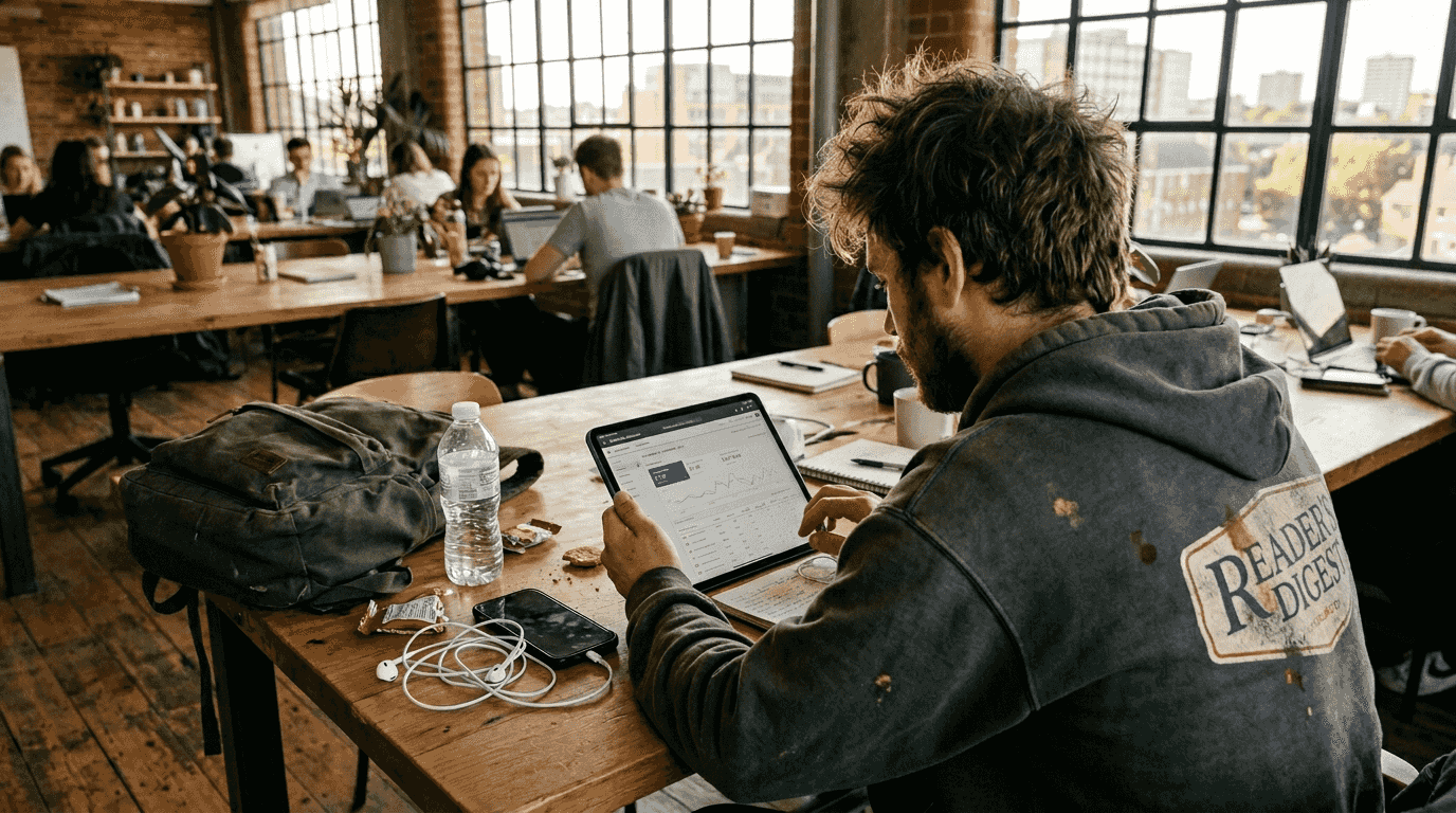 Freelancer using AI advertising tools on tablet