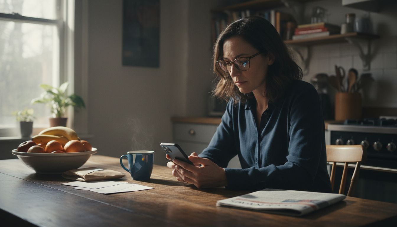 Woman searching dentist on smartphone at kitchen table