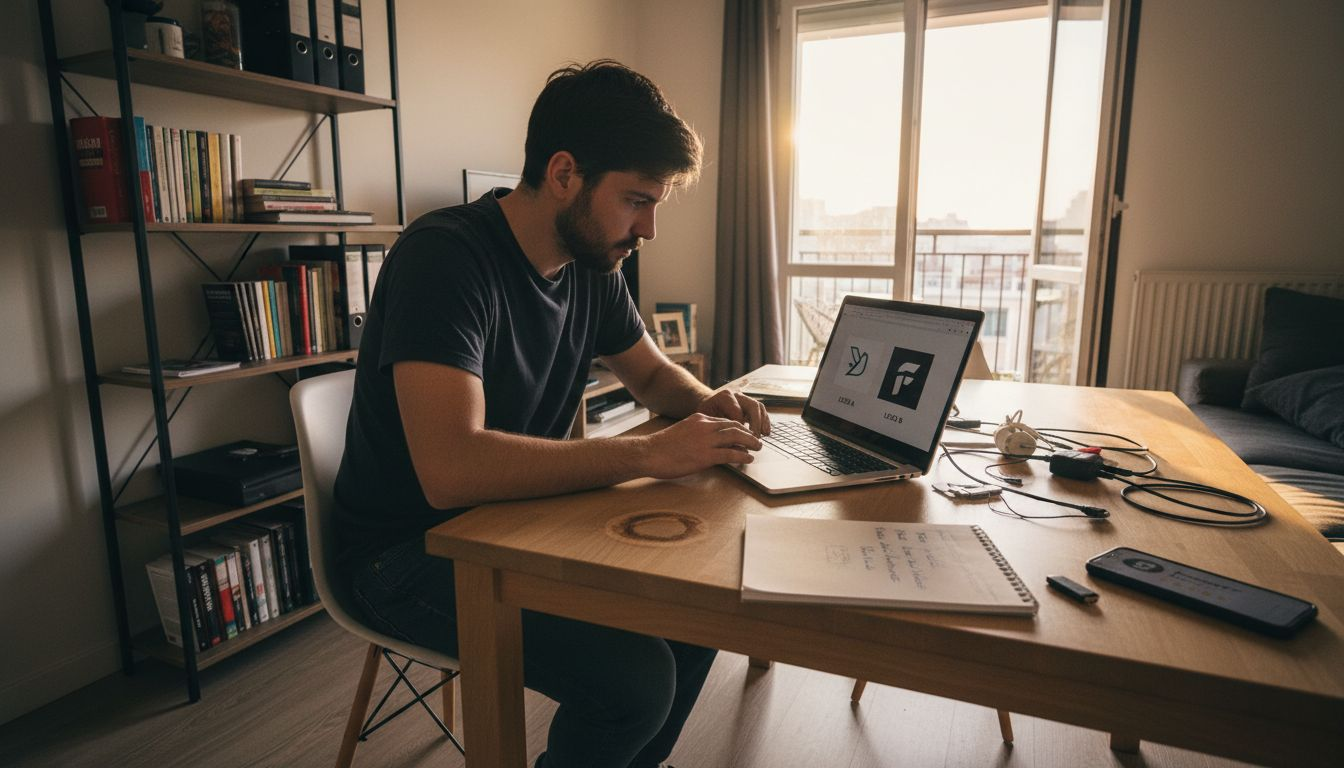 Designer comparing logo ideas and budgeting tools