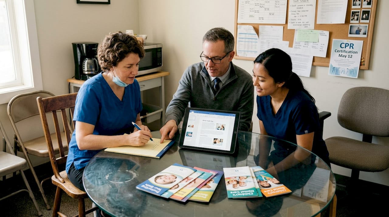 Dental team reviewing content drafts