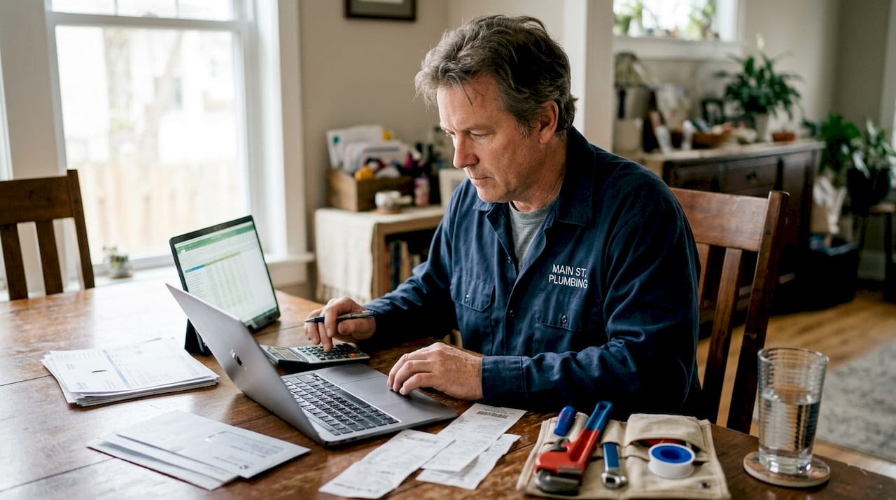 Plumber reviewing digital marketing expenses