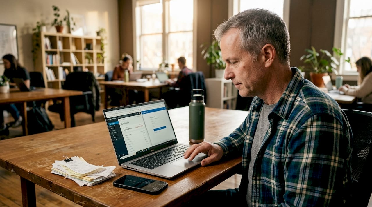 Business owner automating tasks at coworking desk