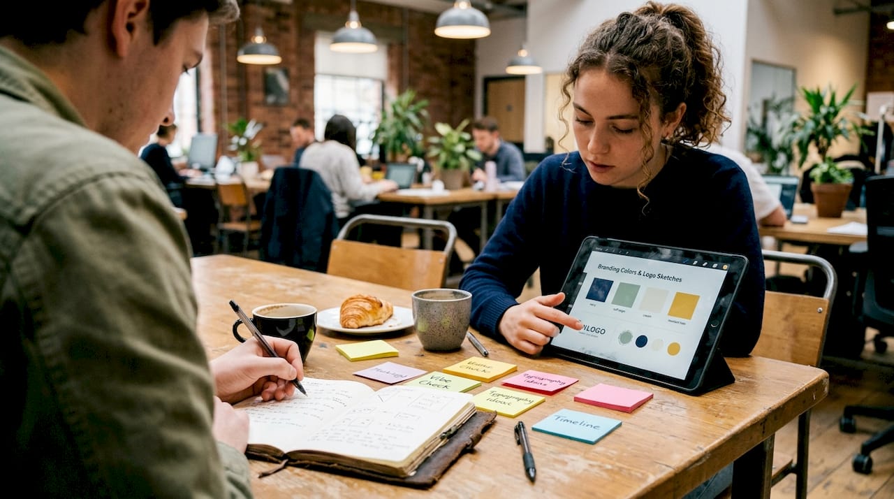 Coworking space team meeting focused on branding