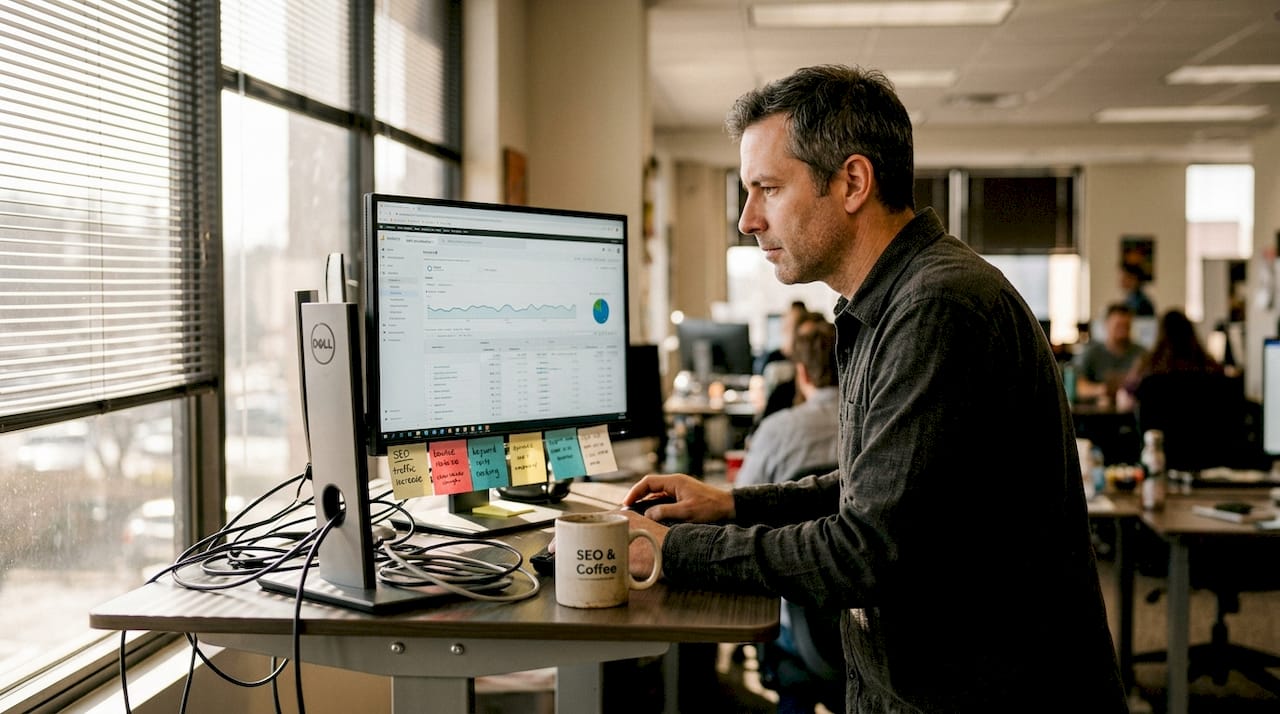 SEO specialist reviewing website analytics data