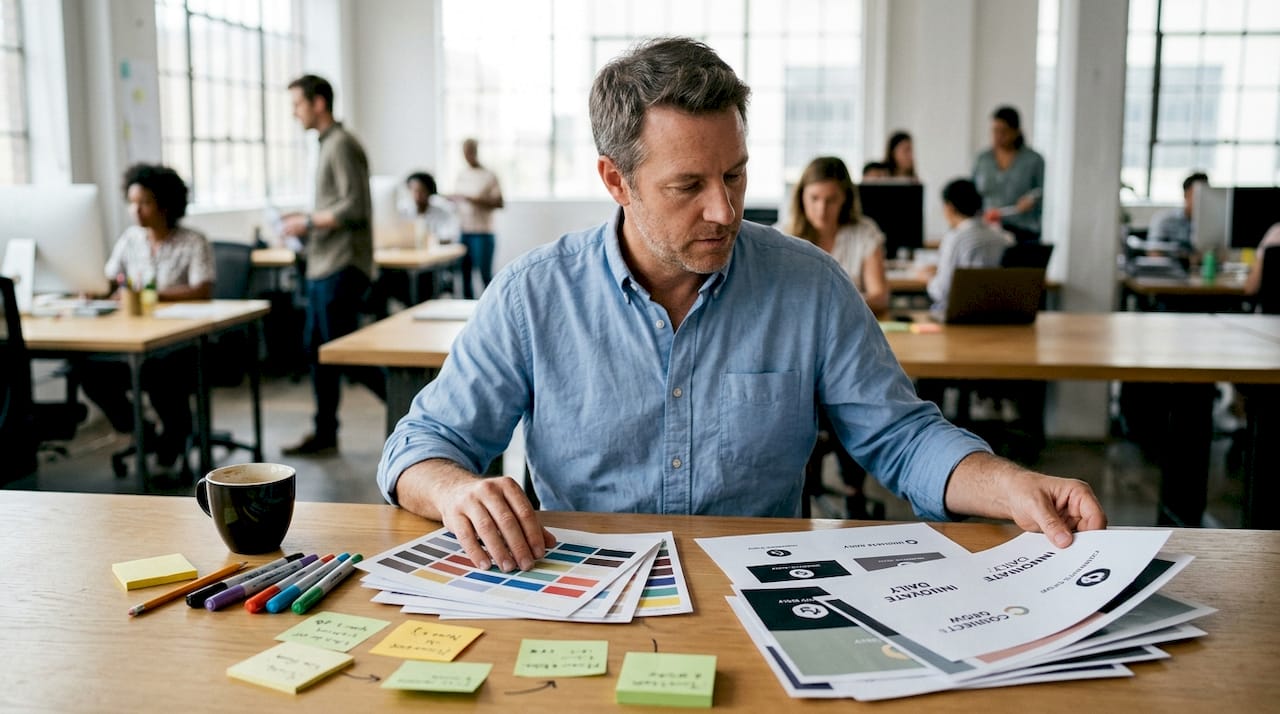 Designer reviewing logos and brand colors