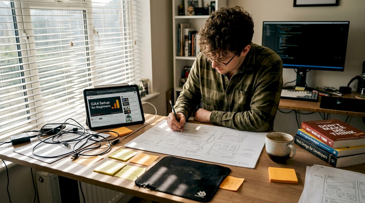 Web designer sketches site analytics setup scene