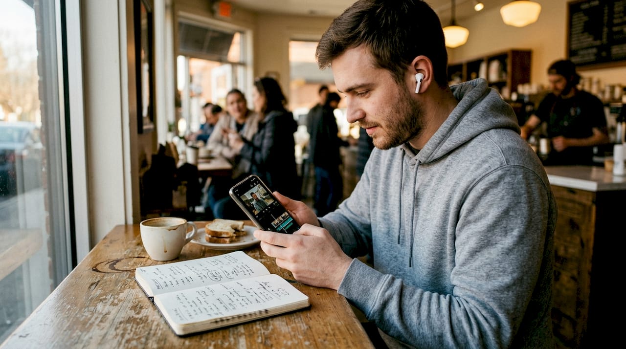 Man editing marketing video in café