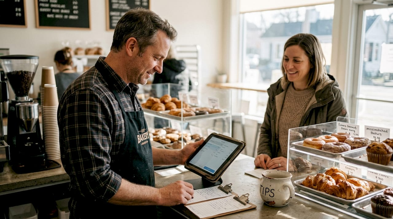 Bakery owner serves regular customer at counter