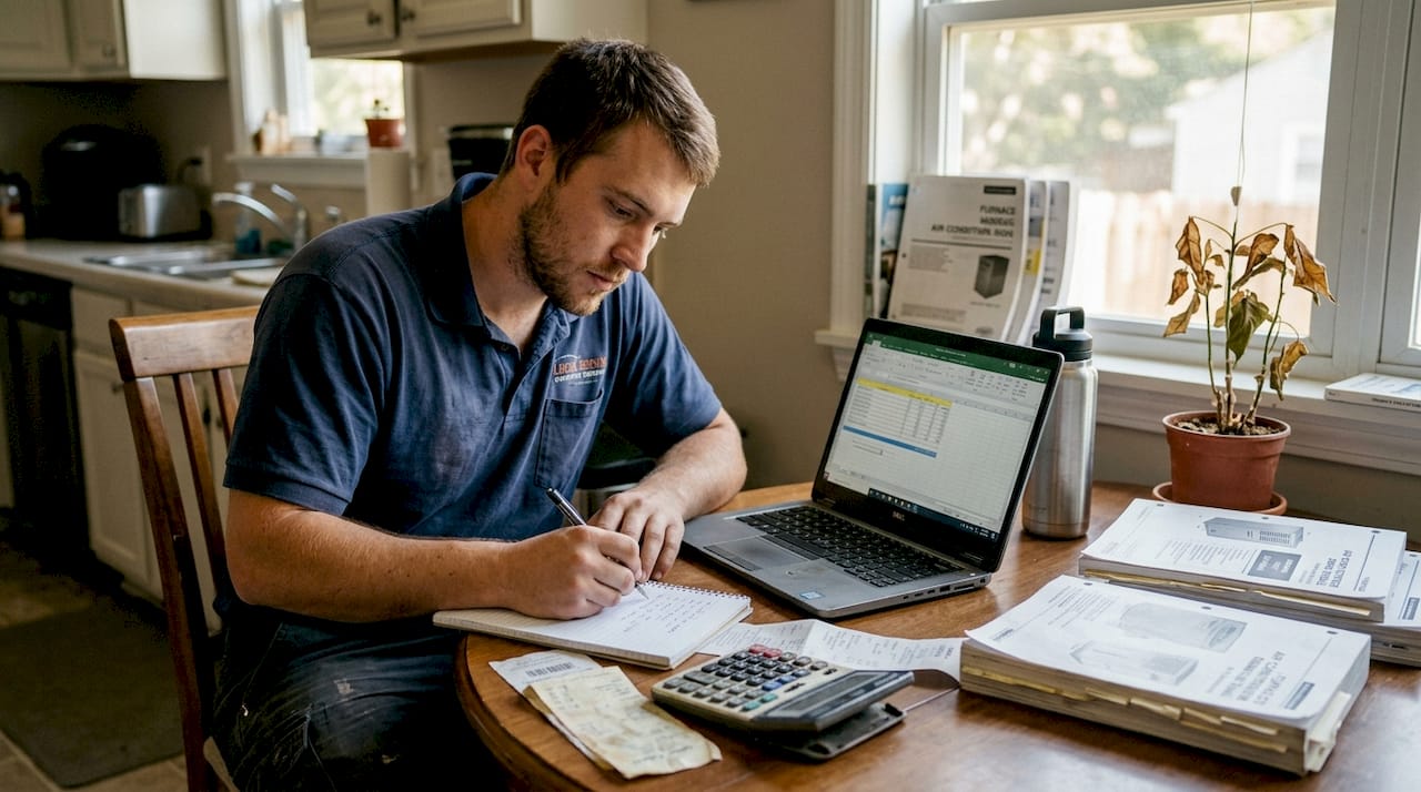 Technician evaluating HVAC job pricing