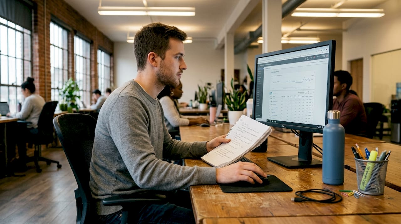 Marketer adjusting online campaign at workspace