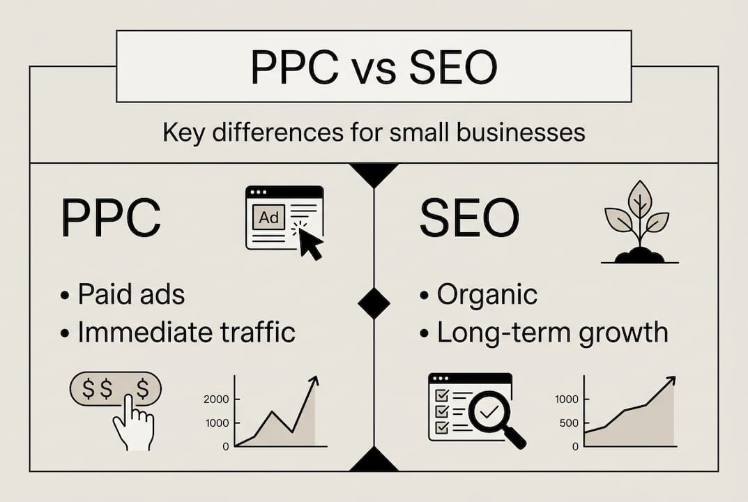 Infographic comparing PPC and SEO basics