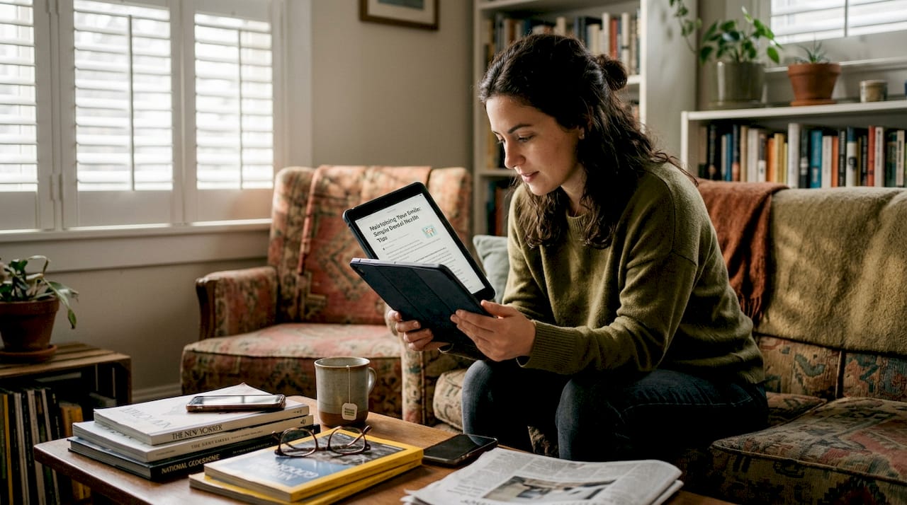 Patient reading dental health blog at home