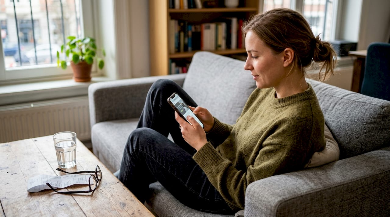 Woman testing business website on smartphone at home