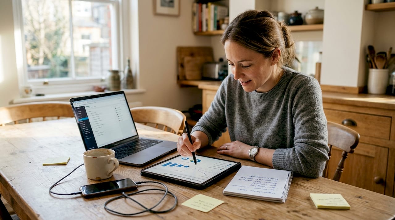 Marketer segmenting audience lists at kitchen table
