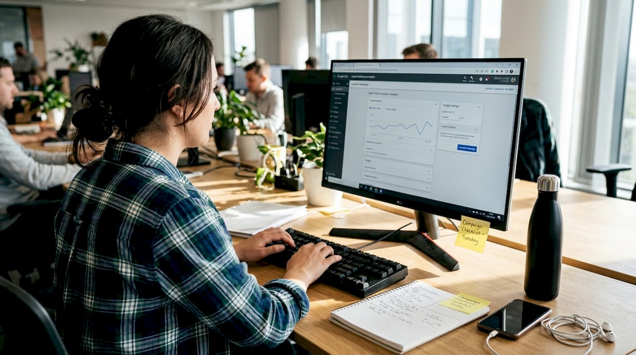 Marketer launching ad campaign at office desk