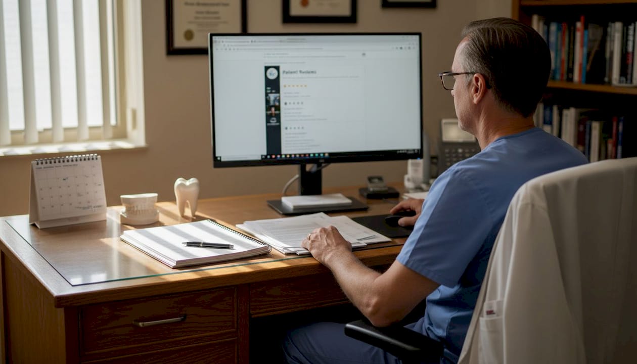 Dentist reading online reviews in office