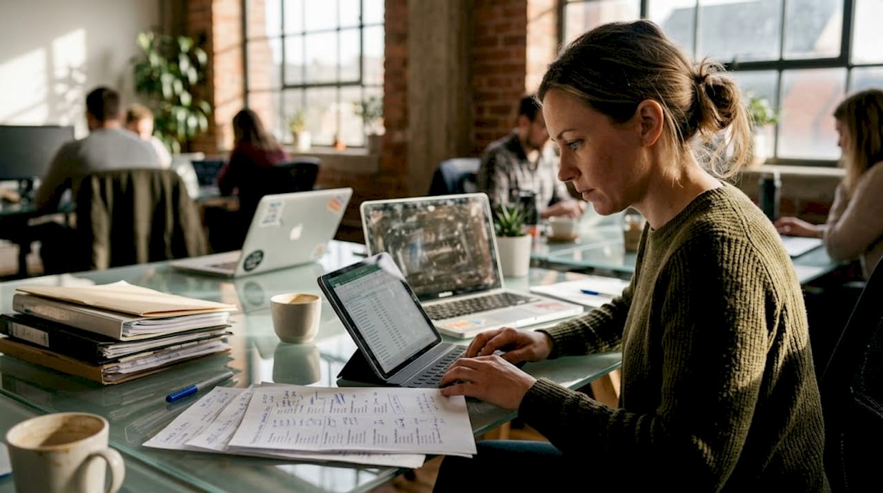 Manager auditing listings in coworking workspace