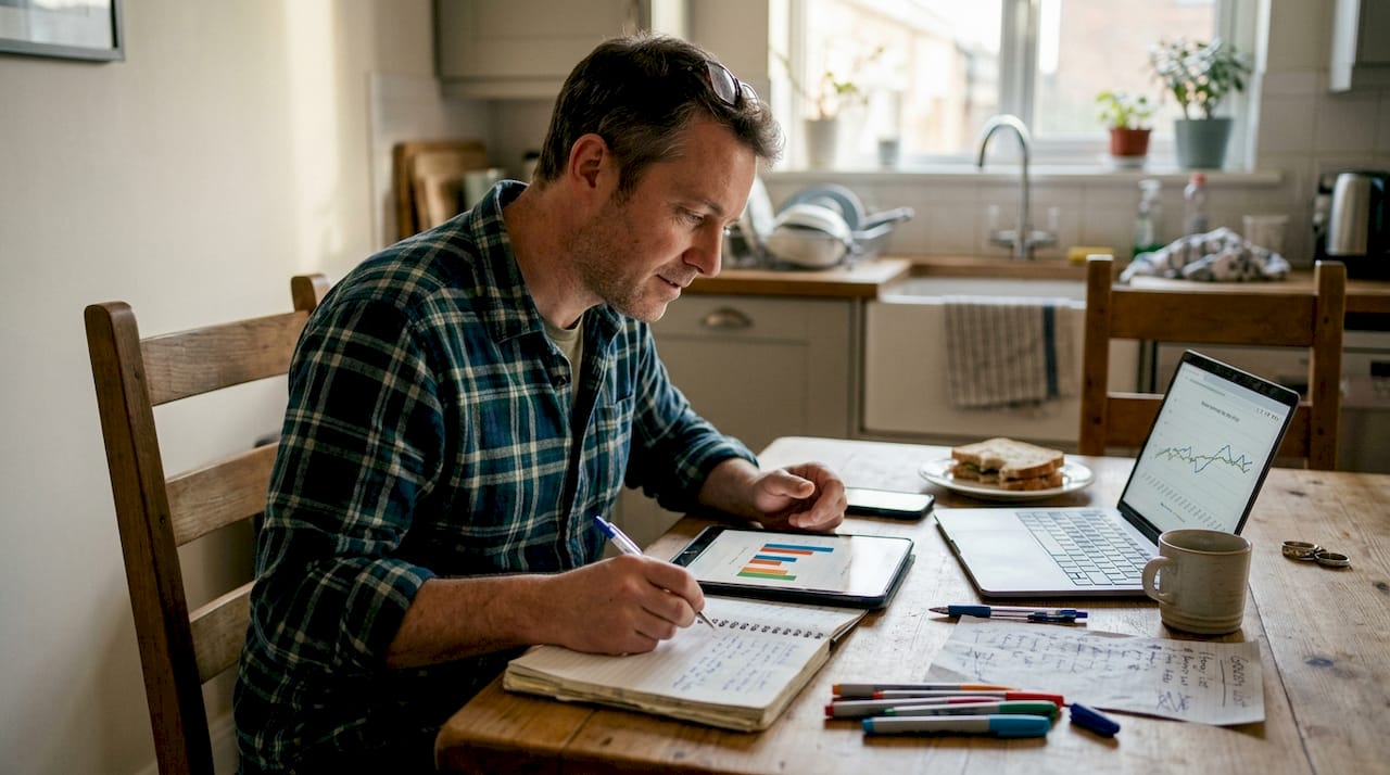 Man reviewing marketing analytics at kitchen table