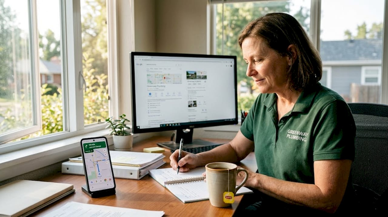 Plumbing owner checks local business listing