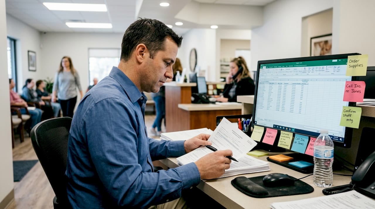 Office manager reviewing dental consent paperwork