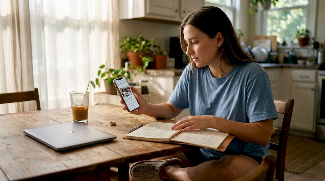 Woman testing website on phone at kitchen table
