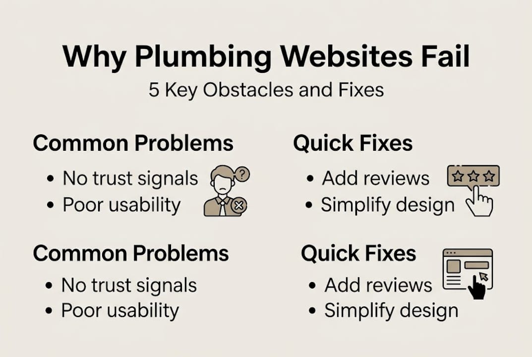 Infographic of plumbing website failure obstacles and fixes