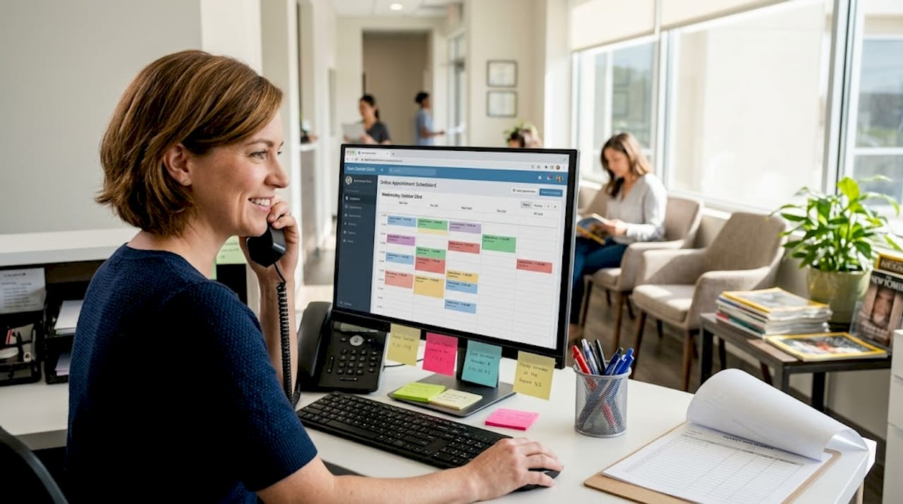 Receptionist scheduling dental appointments by phone