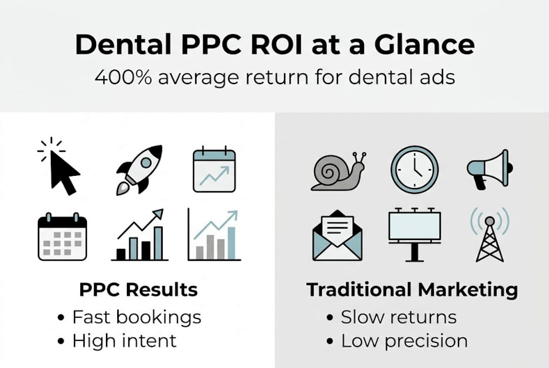 Infographic comparing dental PPC to traditional marketing