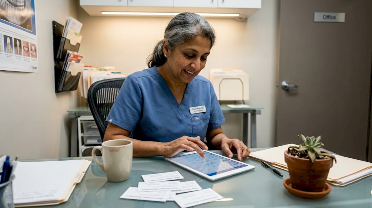 Dentist checks tablet for online appointments