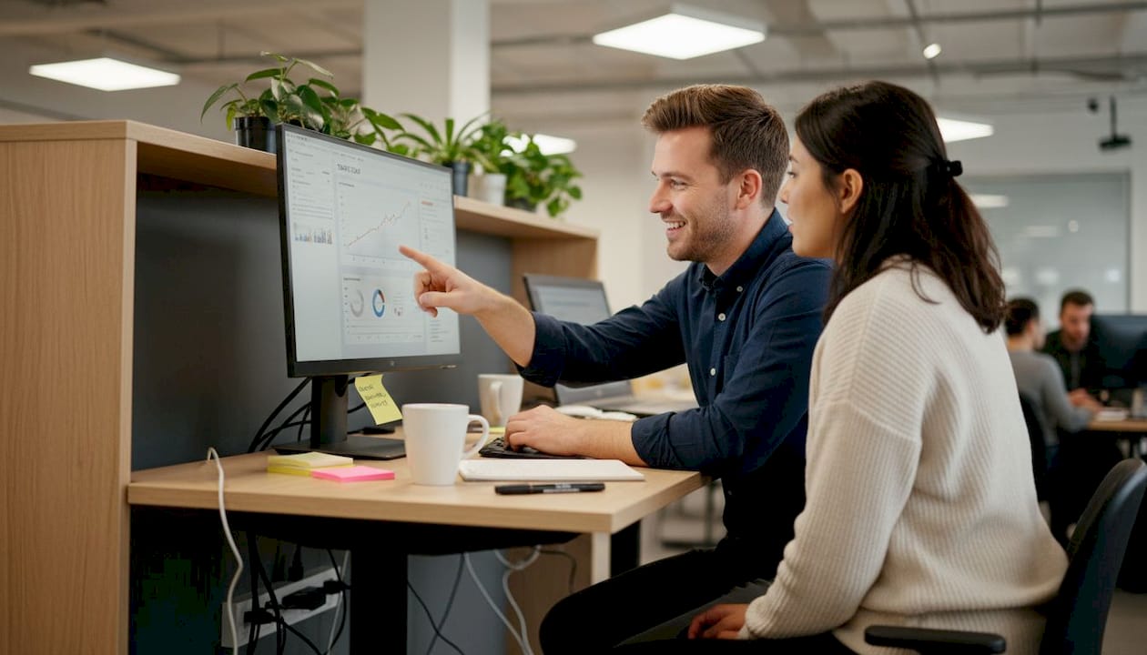 Team reviewing analytics on office desktop