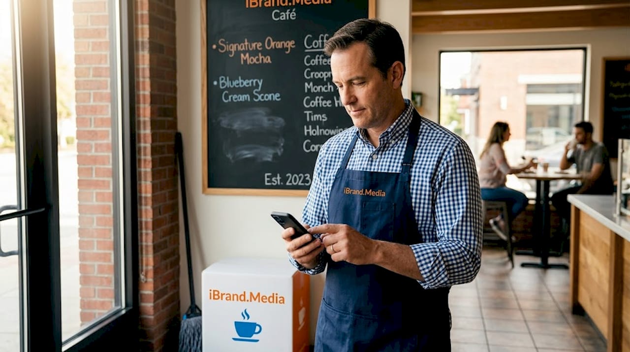 Café manager checks reviews by entrance