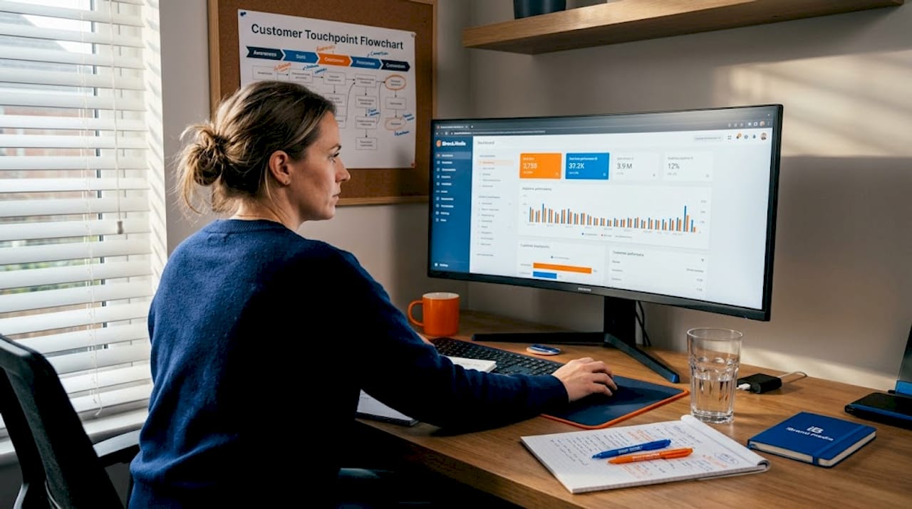 Marketer reviewing digital touchpoints and analytics