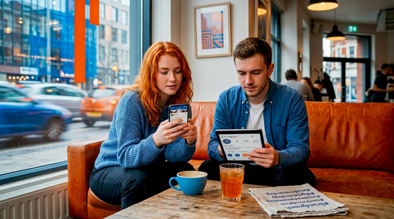 Workers using social platforms on devices