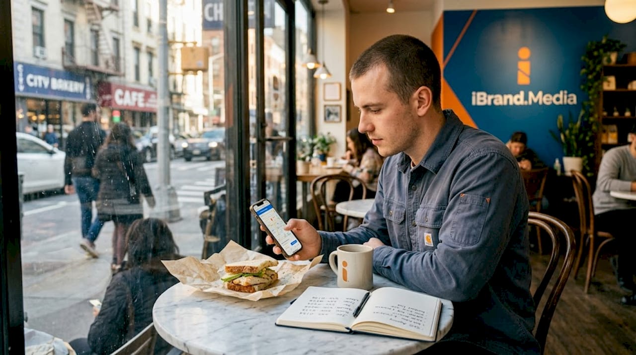 Customer browsing phone in café setting