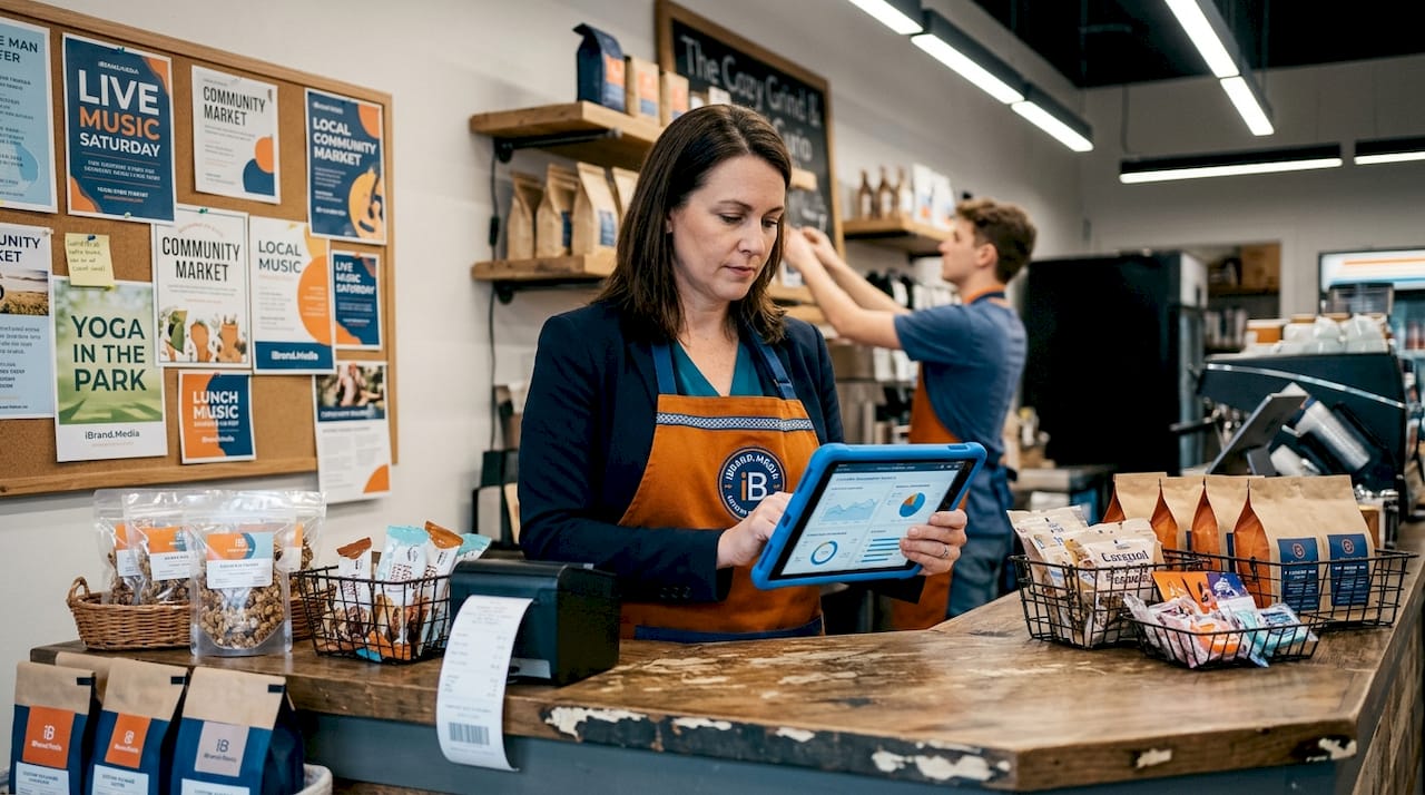Local store manager reviewing marketing results