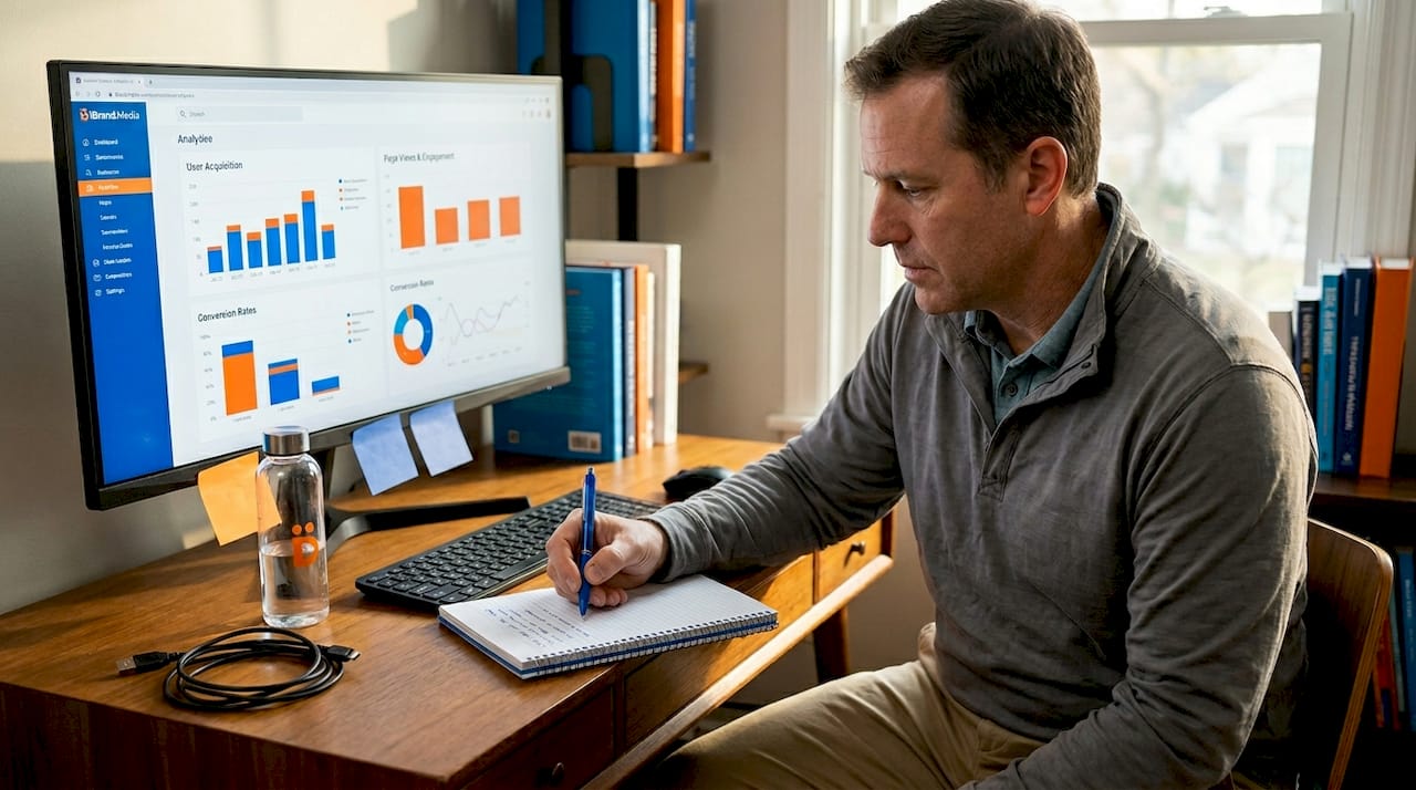 Business owner reviews automation marketing workflow