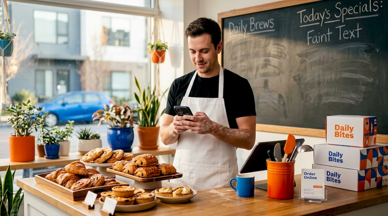 Bakery owner messaging customers on smartphone