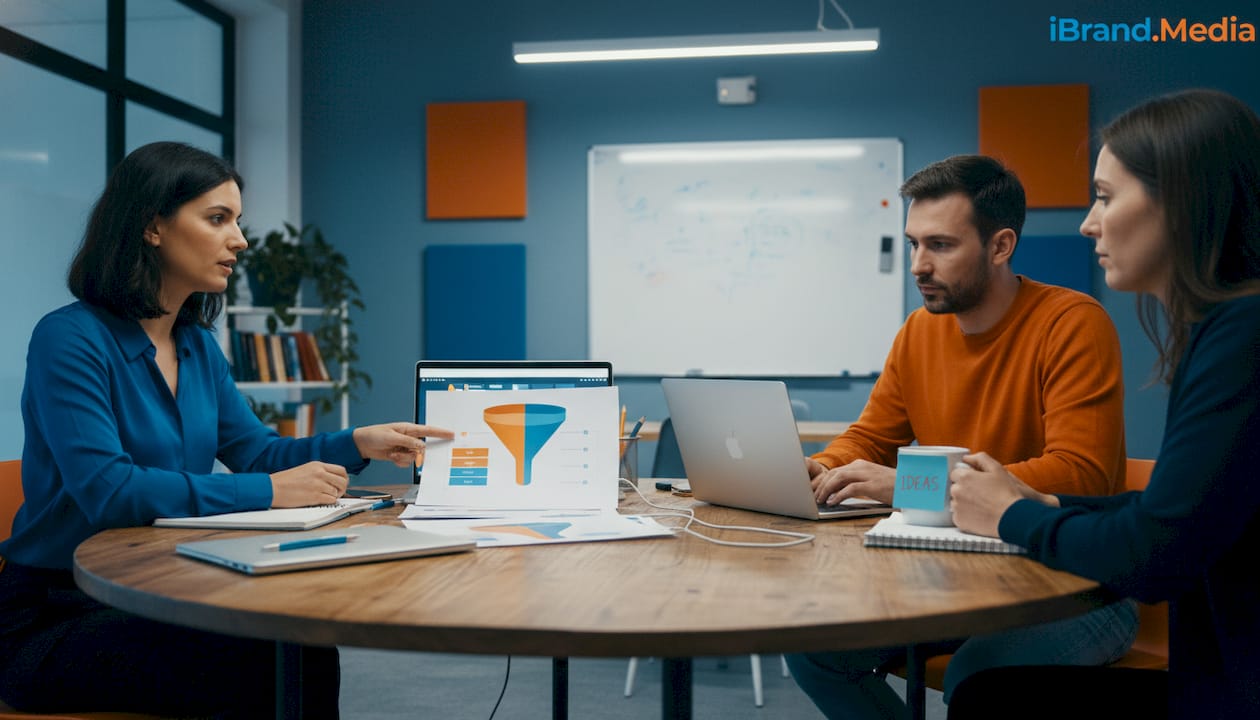 Coworkers reviewing digital funnel diagram together