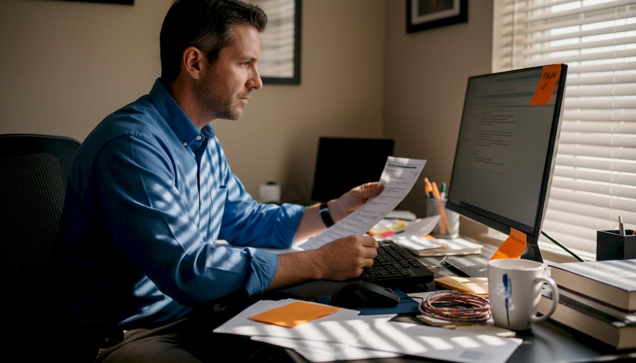 Man comparing printed address to business listing