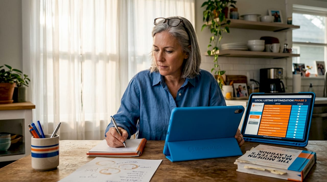 Consultant organizing staged local SEO workflow